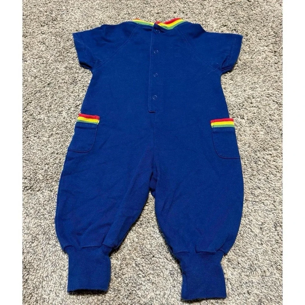 VTG Gymboree Baby Cars Romper 0-3 Months Blue Rainbow Trim Embroidered One Piece